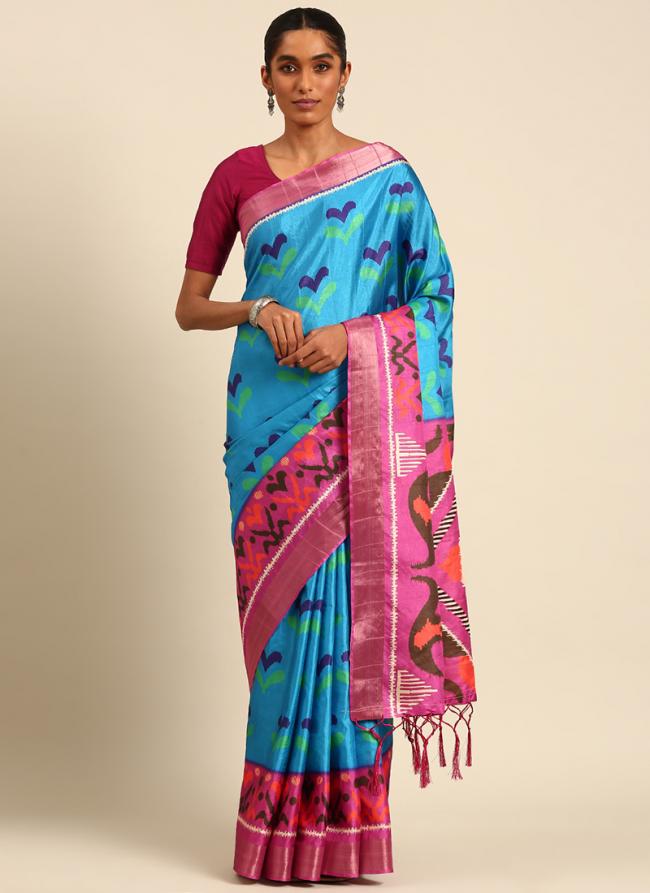 Cotton Sky Blue Casual Wear Printed Saree